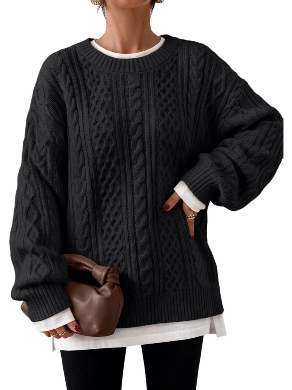 Women's Black Crewneck Cozy Warm Winter Clothes Oversized Cable Knit Sweaters